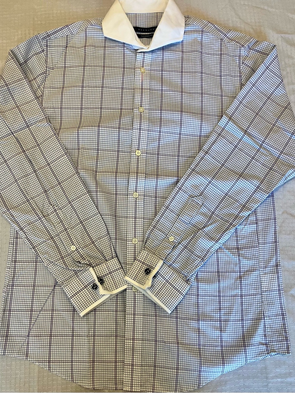 Sean John White Spread Collar Dress Shirt with Blue Windowpane